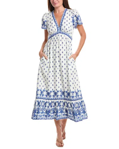 Max Studio Flutter Sleeve V-neck Empire Waist Linen-blend Maxi Dress In White