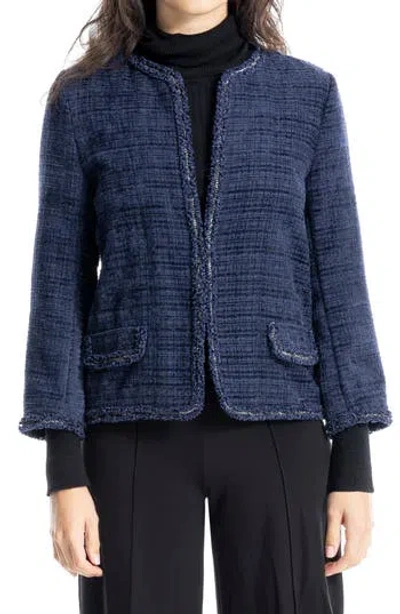 Max Studio Frayed Edge Knit Jacket In Navy Tweed