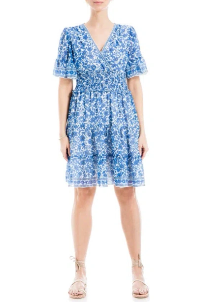 Max Studio Georgette Ditsy Floral Print Tiered Dress In Cream/ Blue/ Black Md Flrl Ink