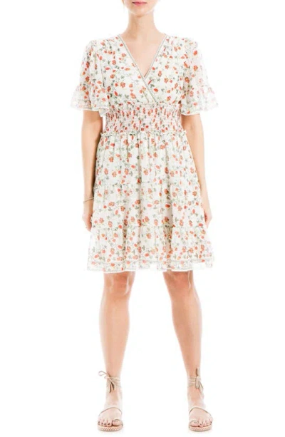Max Studio Georgette Ditsy Floral Print Tiered Dress In Cream/ Poppy Sml Crly Clstrs