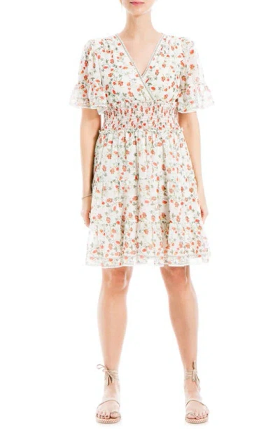 Max Studio Georgette Ditsy Floral Print Tiered Dress In Cream/poppy Sml Crly Clstrs