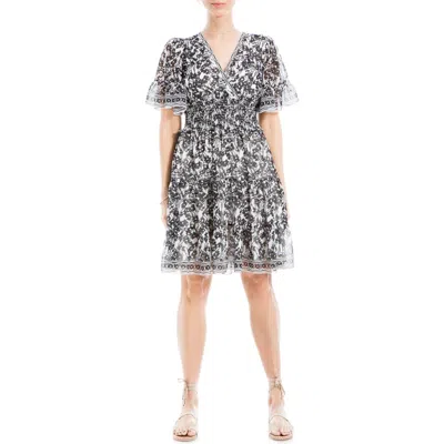 Max Studio Georgette Ditsy Floral Print Tiered Dress In Ivory/black Floral