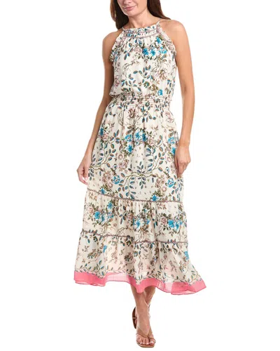 Max Studio Georgette Embroidered Neck Smocked Maxi Dress In Multi