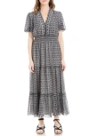 Max Studio Georgette Smocked Maxi Dress In Black/cream Geo