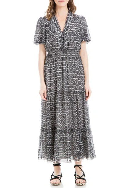 Max Studio Georgette Smocked Maxi Dress In Cream/ Black Bloom