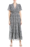 Max Studio Georgette Smocked Maxi Dress In Blk/crm Shmrck Strmrs