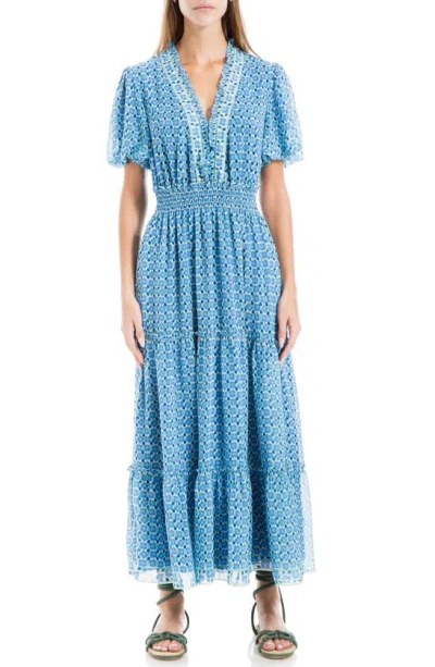 Max Studio Georgette Smocked Maxi Dress In Cream/blue Bloom