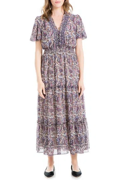 Max Studio Georgette Smocked Maxi Dress In Cream/purple Floral