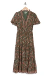 Max Studio Georgette Smocked Maxi Dress In Dark Green Floral