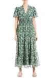 Max Studio Georgette Smocked Maxi Dress In Dark Green/cream Floral