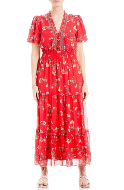Max Studio Georgette Smocked Maxi Dress In Red Floral