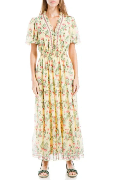 Max Studio Georgette Smocked Maxi Dress In Yellow/ Pink Floral