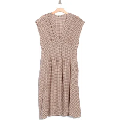Max Studio Gingham Cap Sleeve Cotton Blend Midi Dress In Neutral