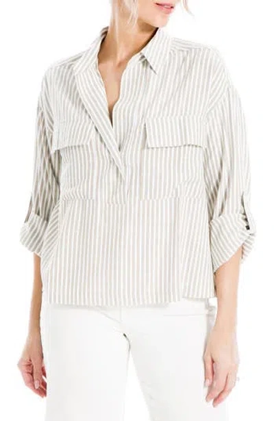 Max Studio Grid Print Roll Sleeve Popover Shirt