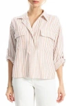 Max Studio Grid Print Roll Sleeve Popover Shirt In White
