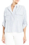 Max Studio Grid Print Roll Sleeve Popover Shirt In White