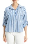 Max Studio Grid Print Roll Sleeve Popover Shirt In Blue