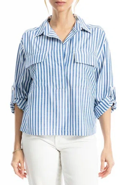 Max Studio Grid Print Roll Sleeve Popover Shirt In Blue