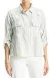 Max Studio Grid Print Roll Sleeve Popover Shirt In Off White Green Alt Stripe