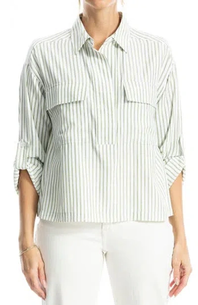 Max Studio Grid Print Roll Sleeve Popover Shirt In Off White Green Alt Stripe