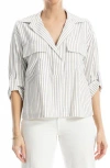 Max Studio Grid Print Roll Sleeve Popover Shirt In Off White/khaki Alt Stripe