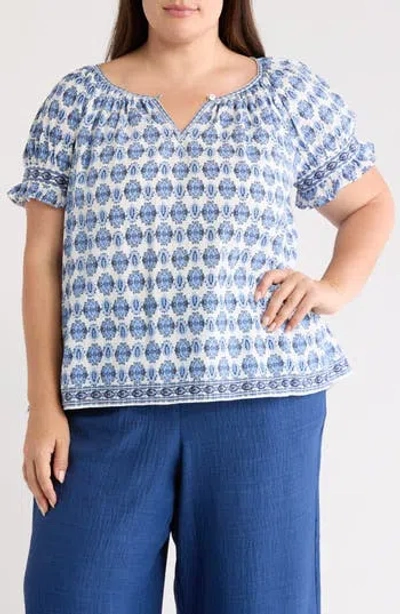 Max Studio Keyhole Short Sleeve Top In Blue