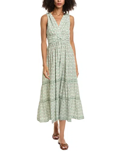 Max Studio Knotted Waist Tiered Midi Dress In Cream/yellow Petal And Pine