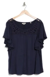 Max Studio Lace Trim Flutter Sleeve Top