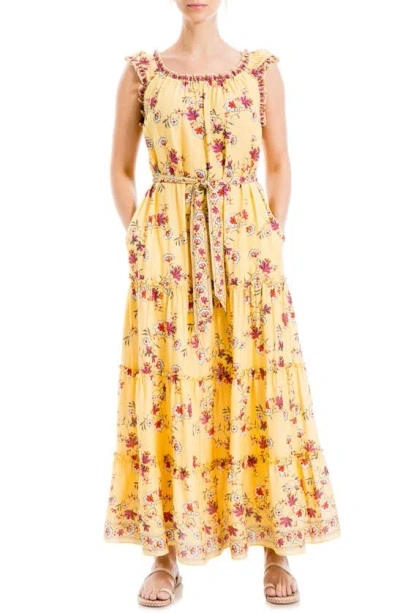 Max Studio London Floral Cap Sleeve Tiered Maxi Dress In Yellow
