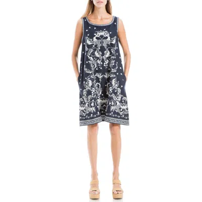 Max Studio London Floral Linen Blend Shift Dress In Indigo/cream Floral Swirls