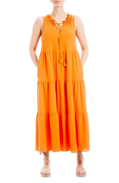 Max Studio London Tie Neck Tiered Maxi Dress In Tangerin-tangerine