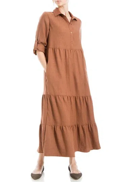 Max Studio London Tiered Long Sleeve Gauze Shirtdress In Brown