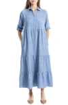 Max Studio London Tiered Long Sleeve Gauze Shirtdress In Heather Chambray