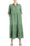 Max Studio London Tiered Long Sleeve Gauze Shirtdress In Heather Green