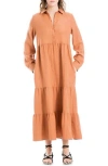 Max Studio London Tiered Long Sleeve Gauze Shirtdress In Spice