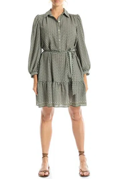 Max Studio Long Sleeve Button Front Crepe Dress In Cypress/navy Small Flutters Waltz
