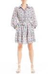 Max Studio Long Sleeve Button Front Crepe Dress In Ivory/rose/navy Folk Flower