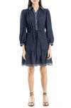 Max Studio Long Sleeve Button Front Crepe Dress In Nvy/ivry Hnd Drwn Dot