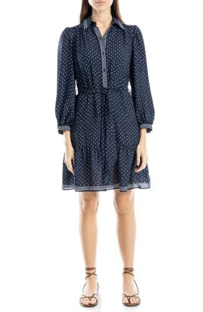 Max Studio Long Sleeve Button Front Crepe Dress In Nvy/ivry Hnd Drwn Dot