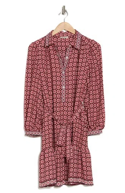 Max Studio Long Sleeve Button Front Crepe Dress In Red/cream/flower