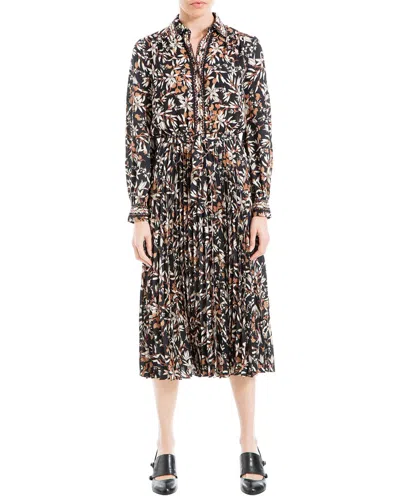 Max Studio Long Sleeve Crepe Collar Pleated Dress In Black