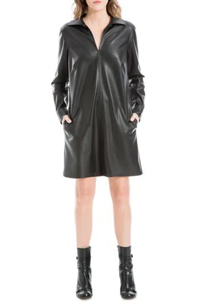 Max Studio Long Sleeve Faux Leather Shirtdress In Black-black