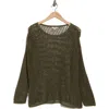 Max Studio Long Sleeve Mesh Open Knit Top In Army