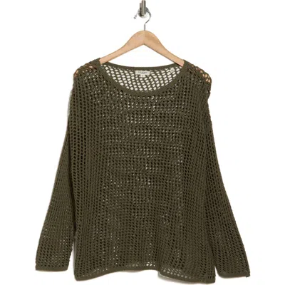 Max Studio Long Sleeve Mesh Open Knit Top In Army