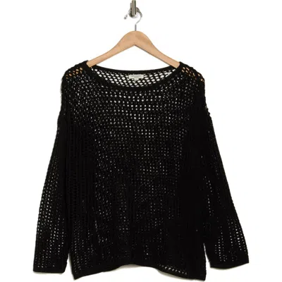 Max Studio Long Sleeve Mesh Open Knit Top In Black