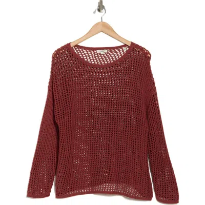 Max Studio Long Sleeve Mesh Open Knit Top In Marsala