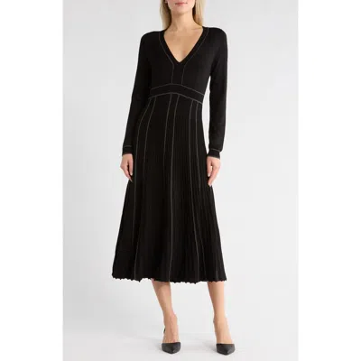 Max Studio Long Sleeve Piped Sweater Dress In Black