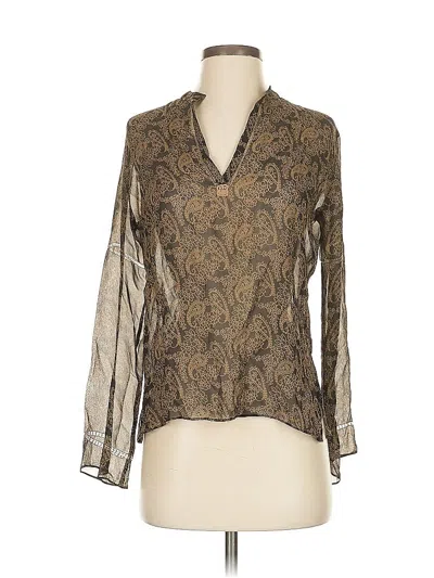 Pre-owned Max Studio Long Sleeve Silk Top Brown Plunge Neckline Tops