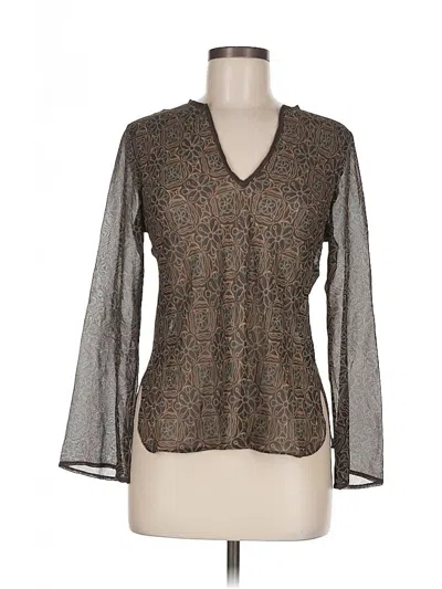Pre-owned Max Studio Long Sleeve Silk Top Brown V Neck Tops
