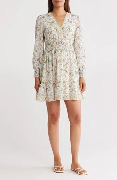Max Studio Long Sleeve Smocked Georgette Minidress In Cream/blue Blm Interlace